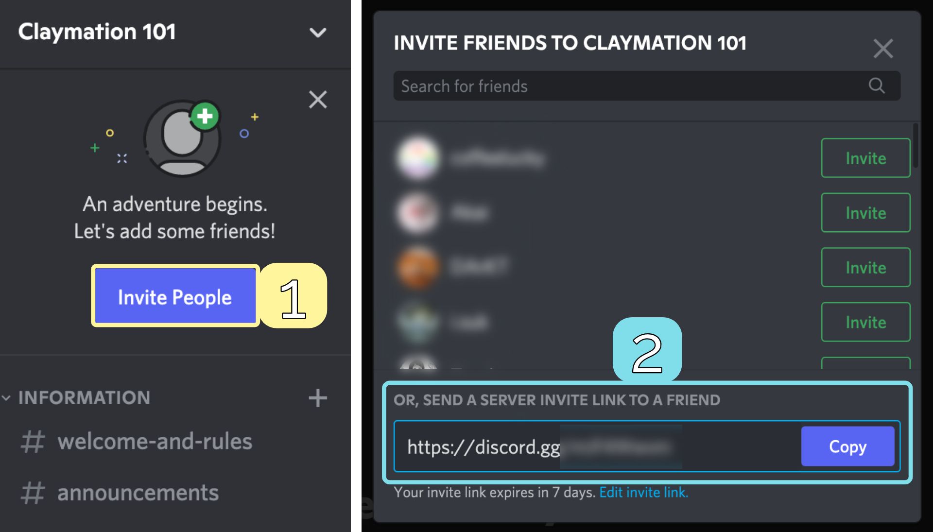 Screenshots showing how to send invites from a new Discord server.