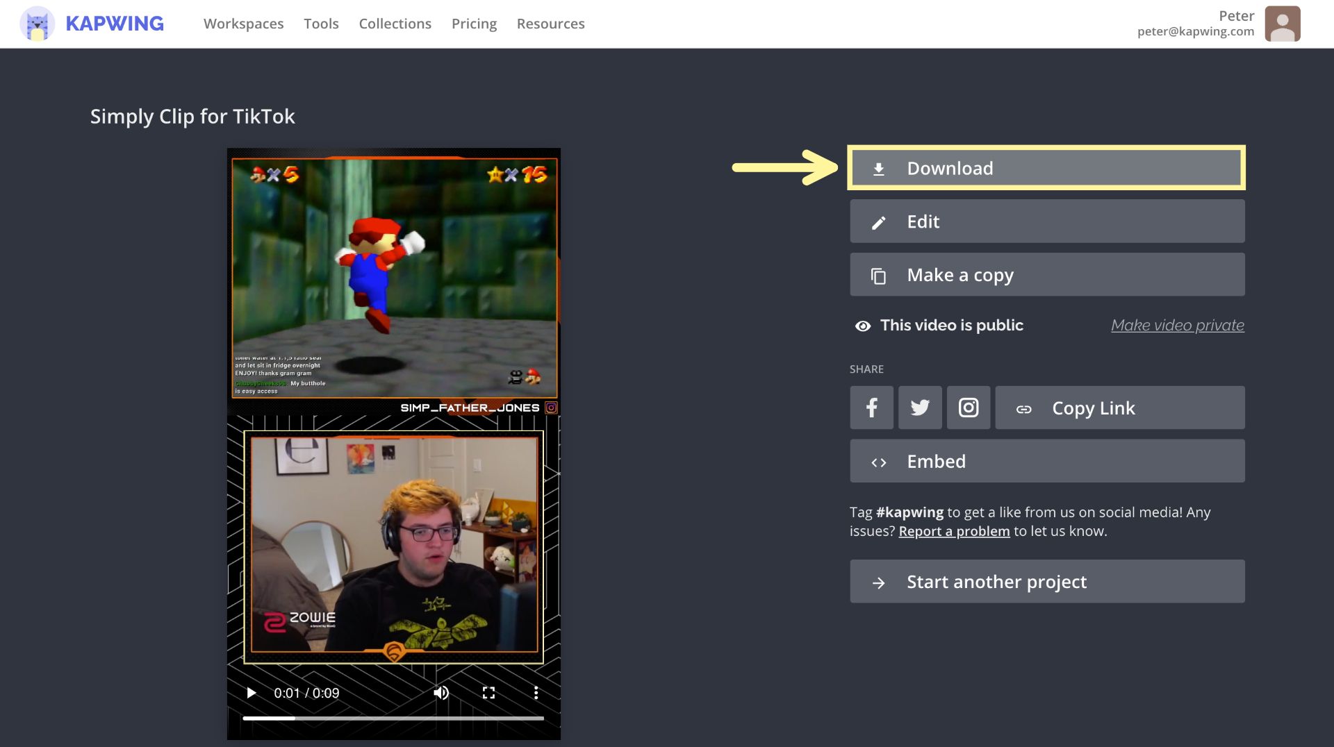 A screenshot demonstrating how to download a video from the final video page in Kapwing. 