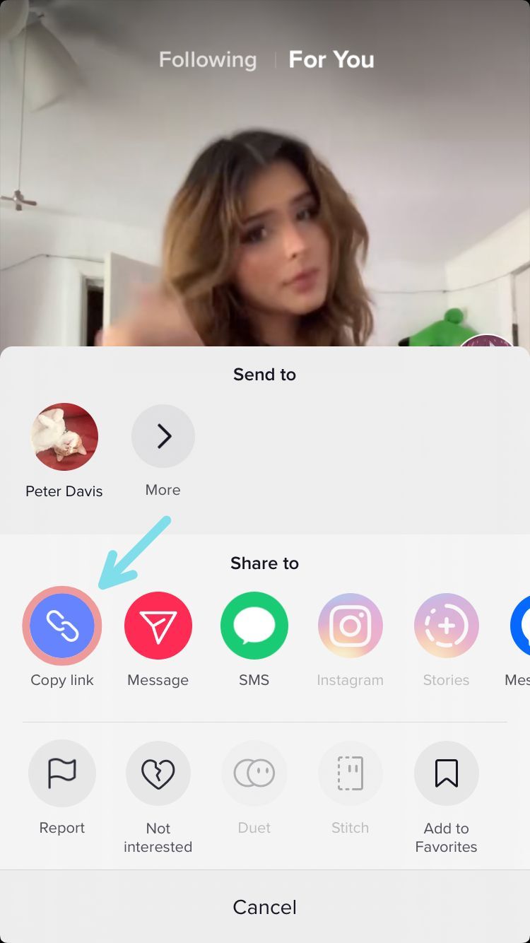 A screenshot pointing out the "Copy Link" option on TikTok videos. 