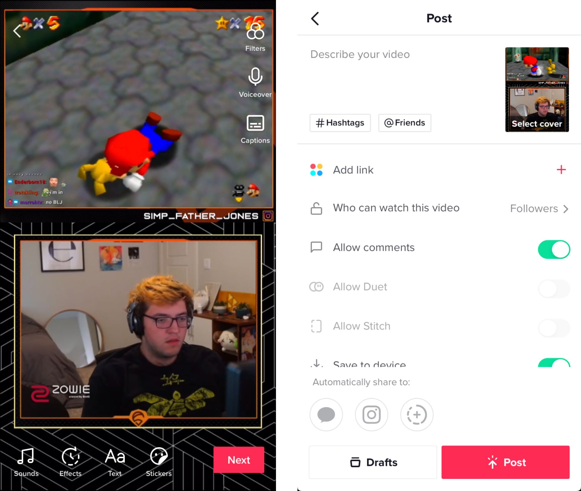 Screenshots showing how to share downloaded Twitch Clips to TikTok. 