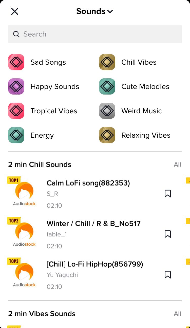 A screenshot of TikTok's royalty-free music library. 