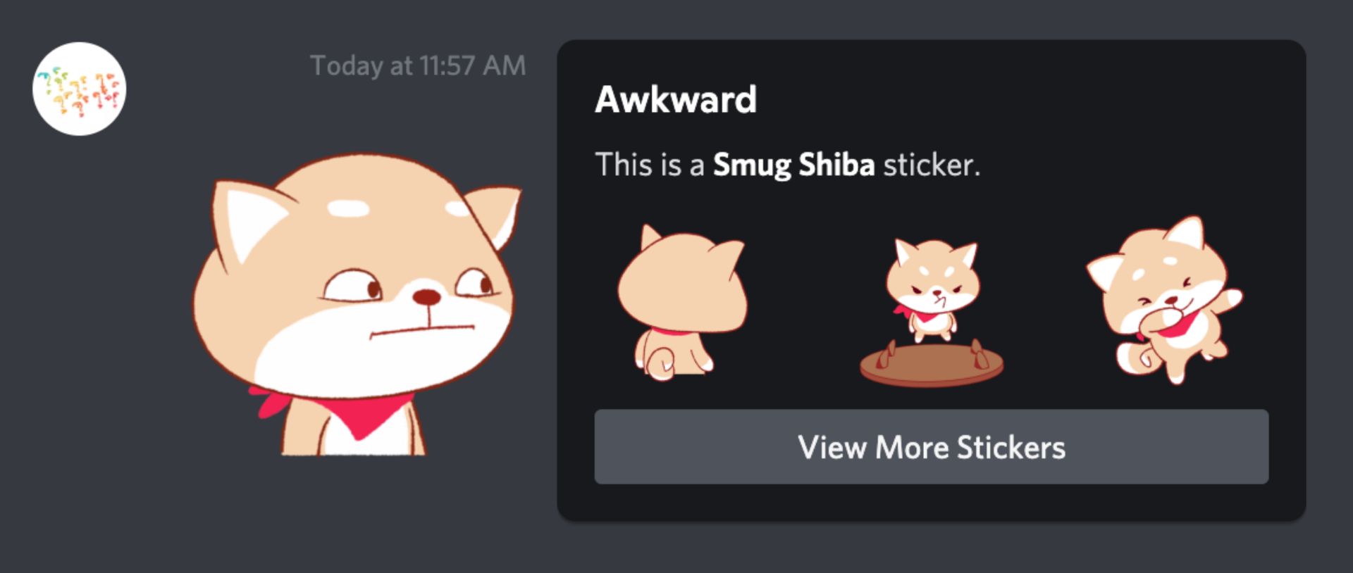 A screenshot of the Awkward Smug Shiba sticker posted in a Discord channel. 