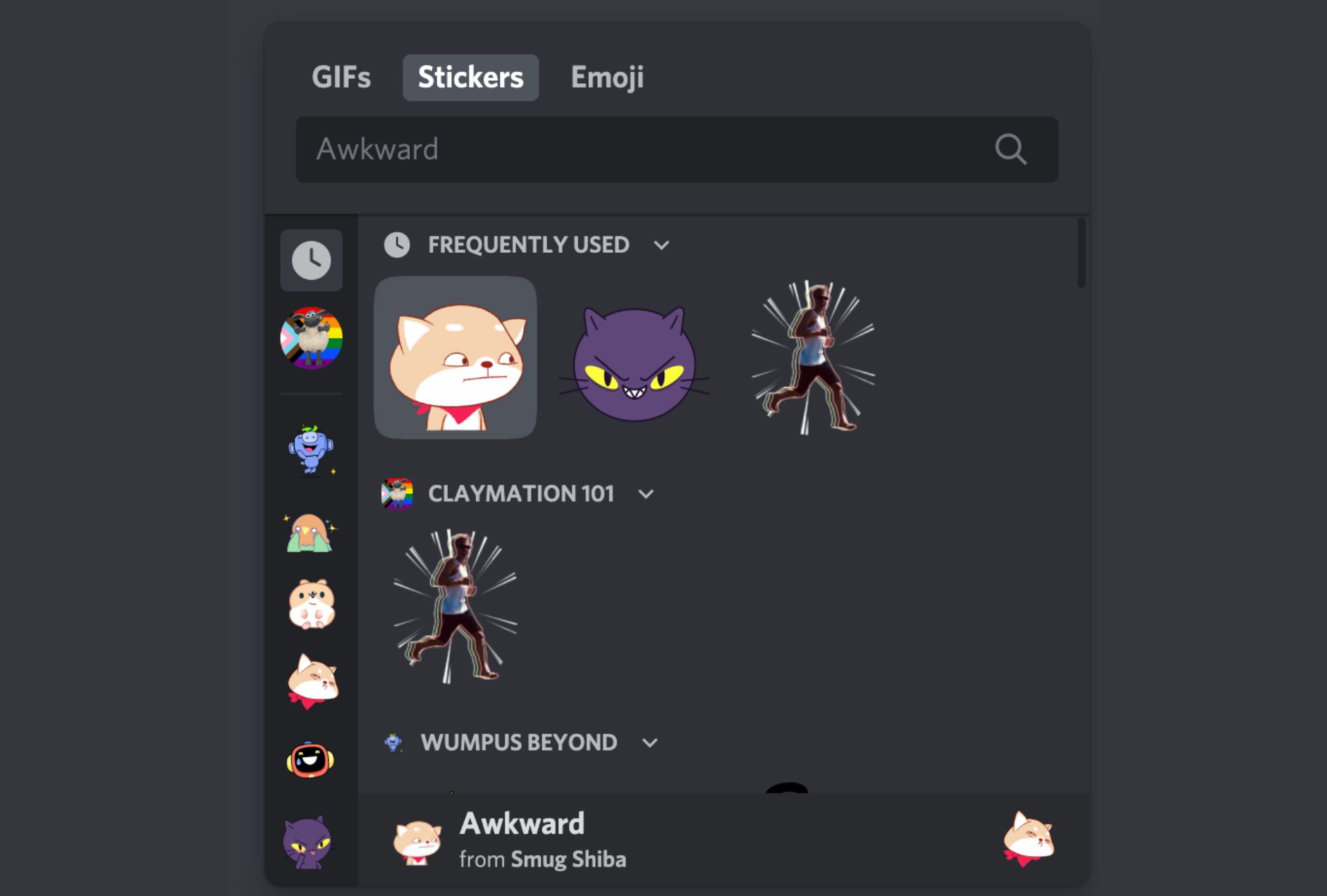 A screenshot of a stickers menu containing both built-in sticker packs and added custom stickers. 