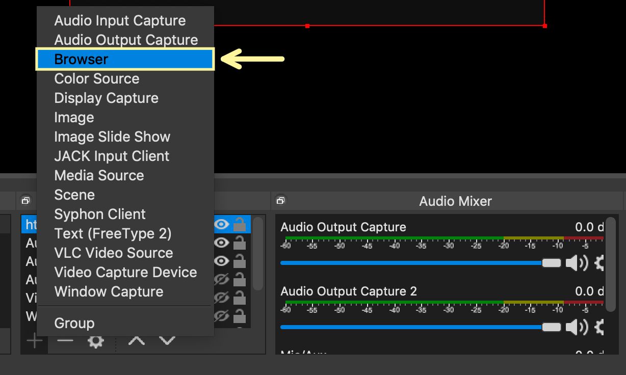 A screenshot showing how to add a browser input in OBS. 