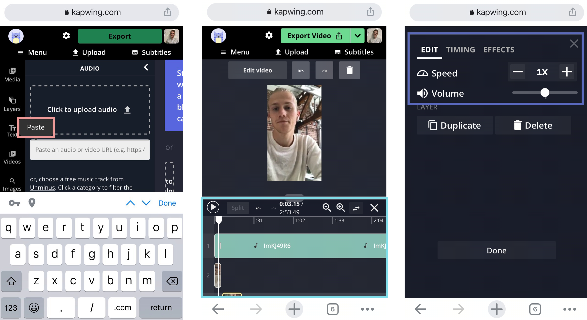 Screenshots showing how to add TikTok audio to longer videos.