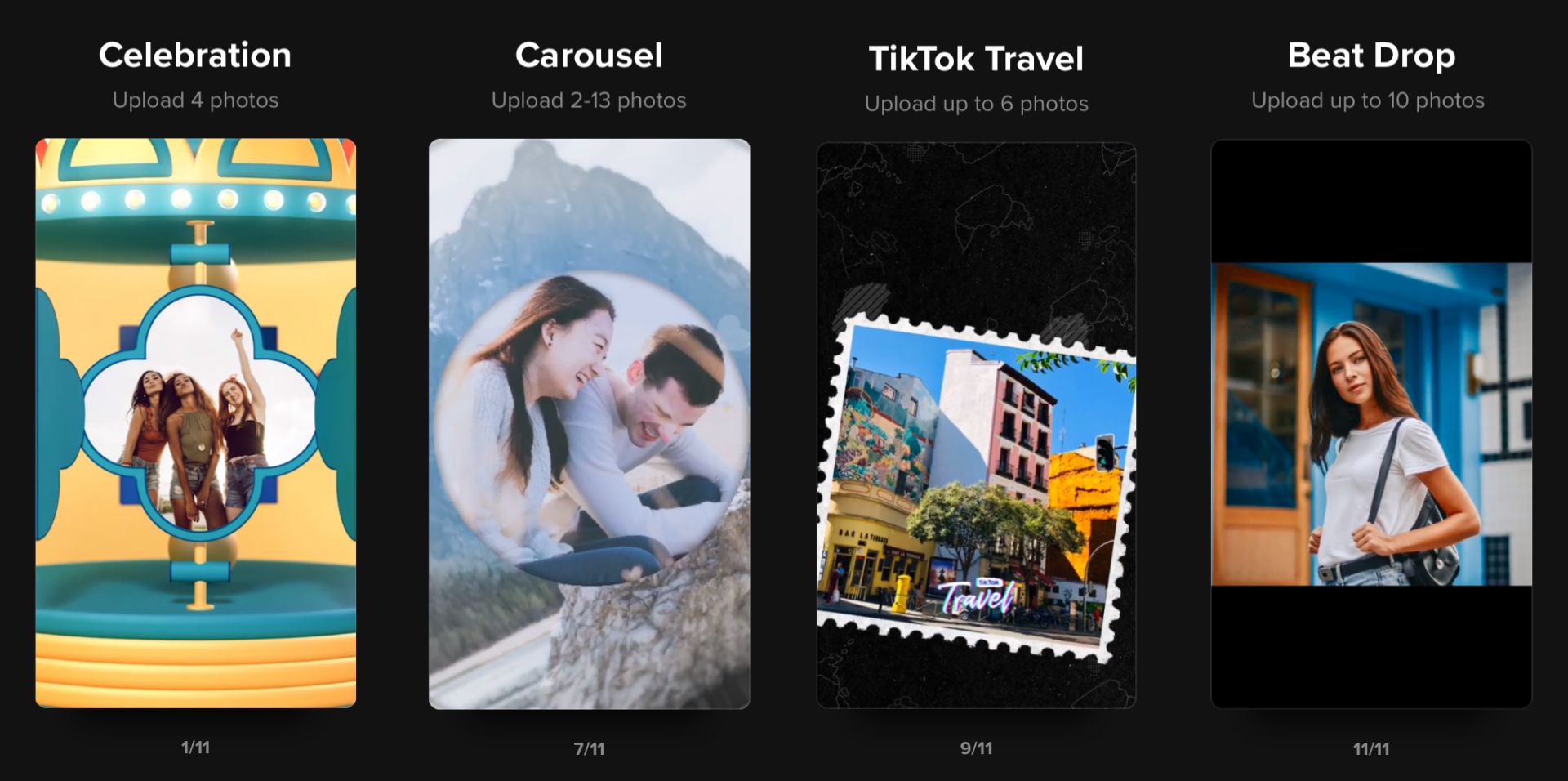 An array of the TikTok templates that require photos with a 1:1 aspect ratio. 