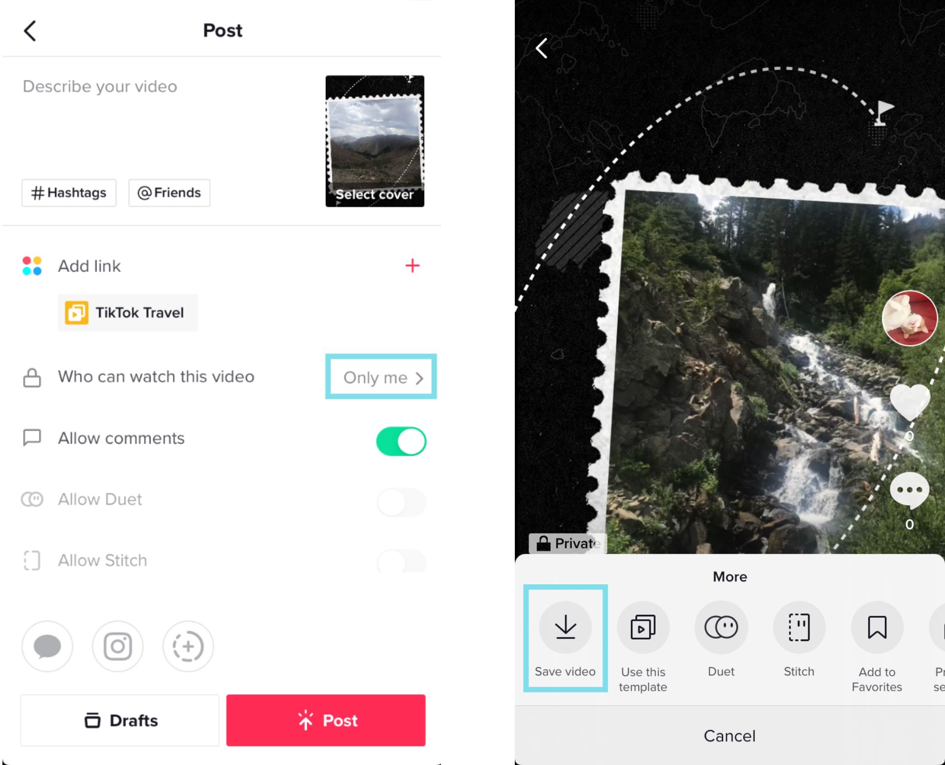 Screenshots showing how to post a video privately on TikTok and save it to your phone. 