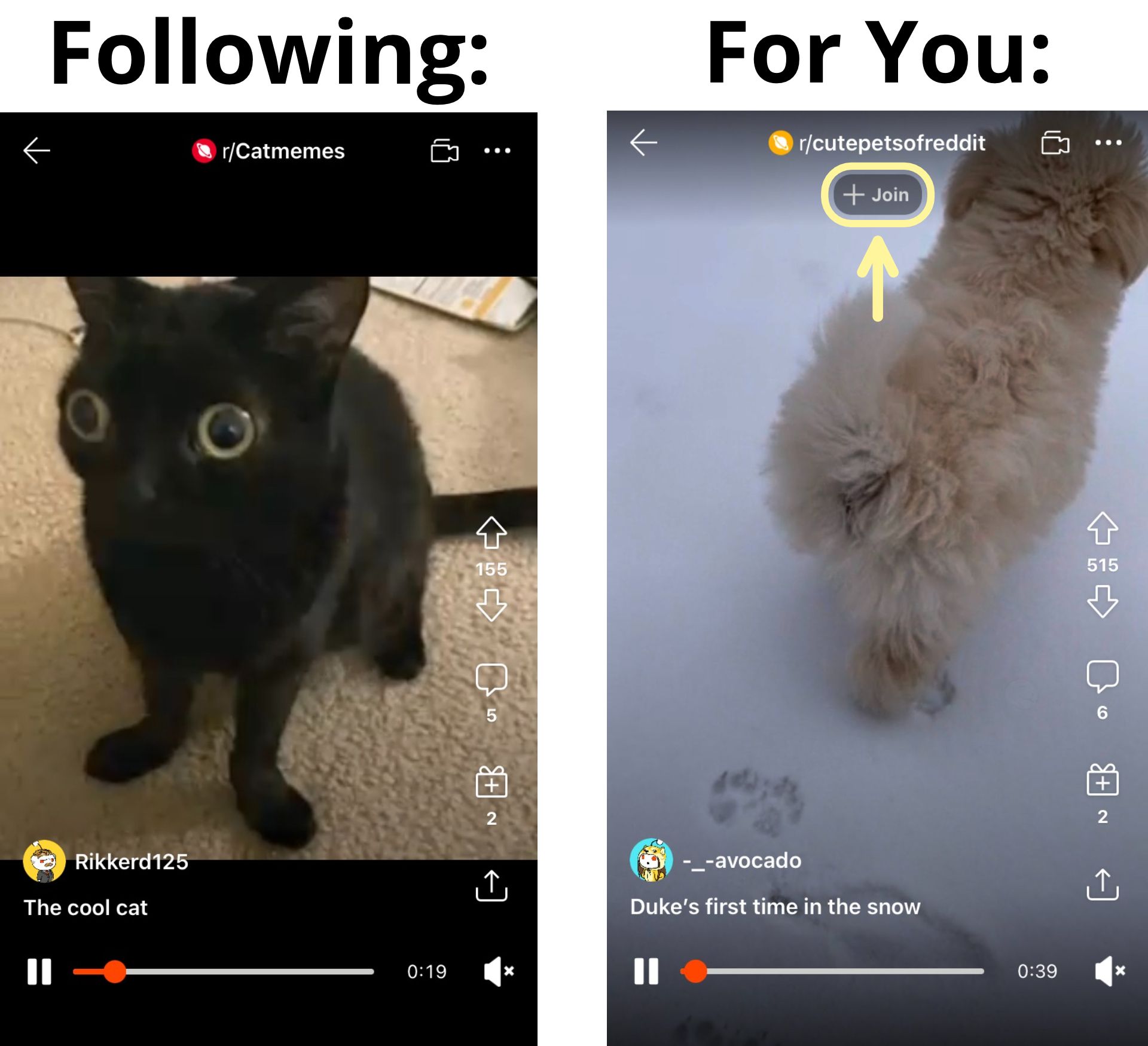 Screenshots showing two types of Reddit video posts: Following and For You. 