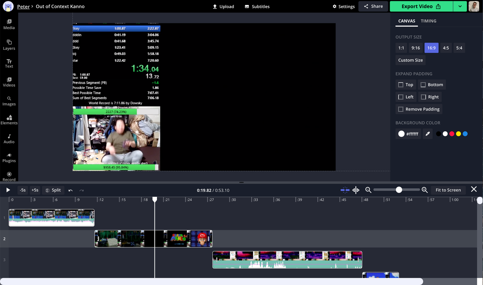 A screenshot of a Twitch clips compilation being edited in the Kapwing Studio. 