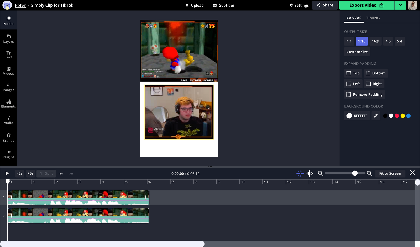 A screenshot showing how to arrange video layers in the Kapwing Studio. 