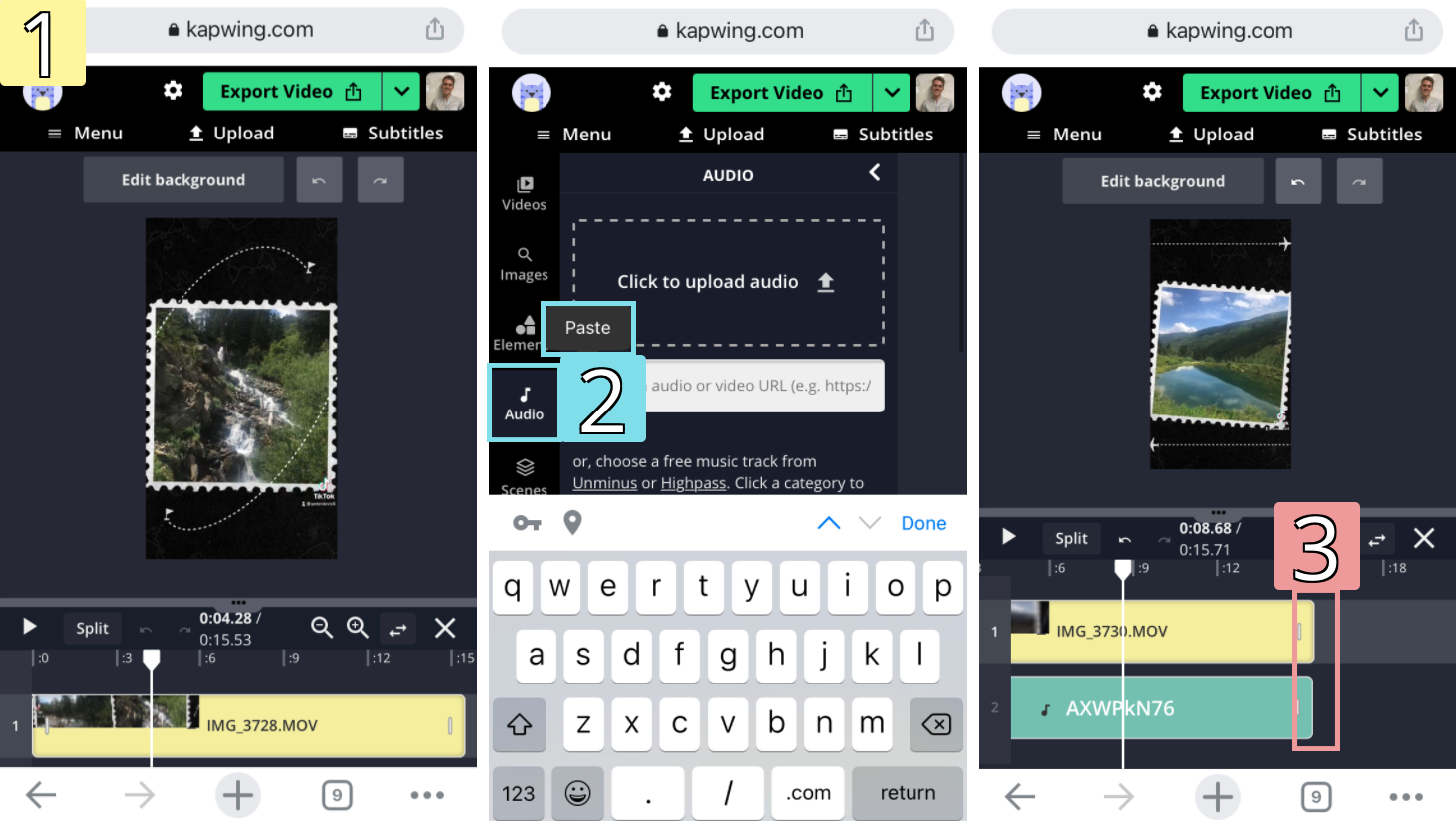 Screenshots showing how to add your own sound to a TikTok video in the Kapwing Studio. 