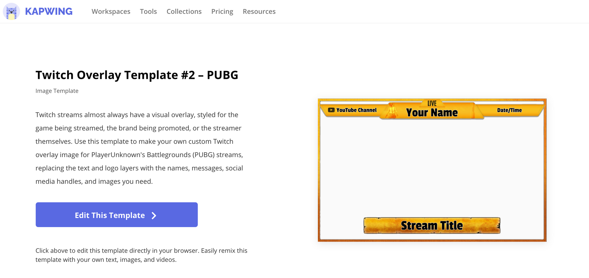 A screenshot of the Kapwing template for a PUBG Twitch overlay. 