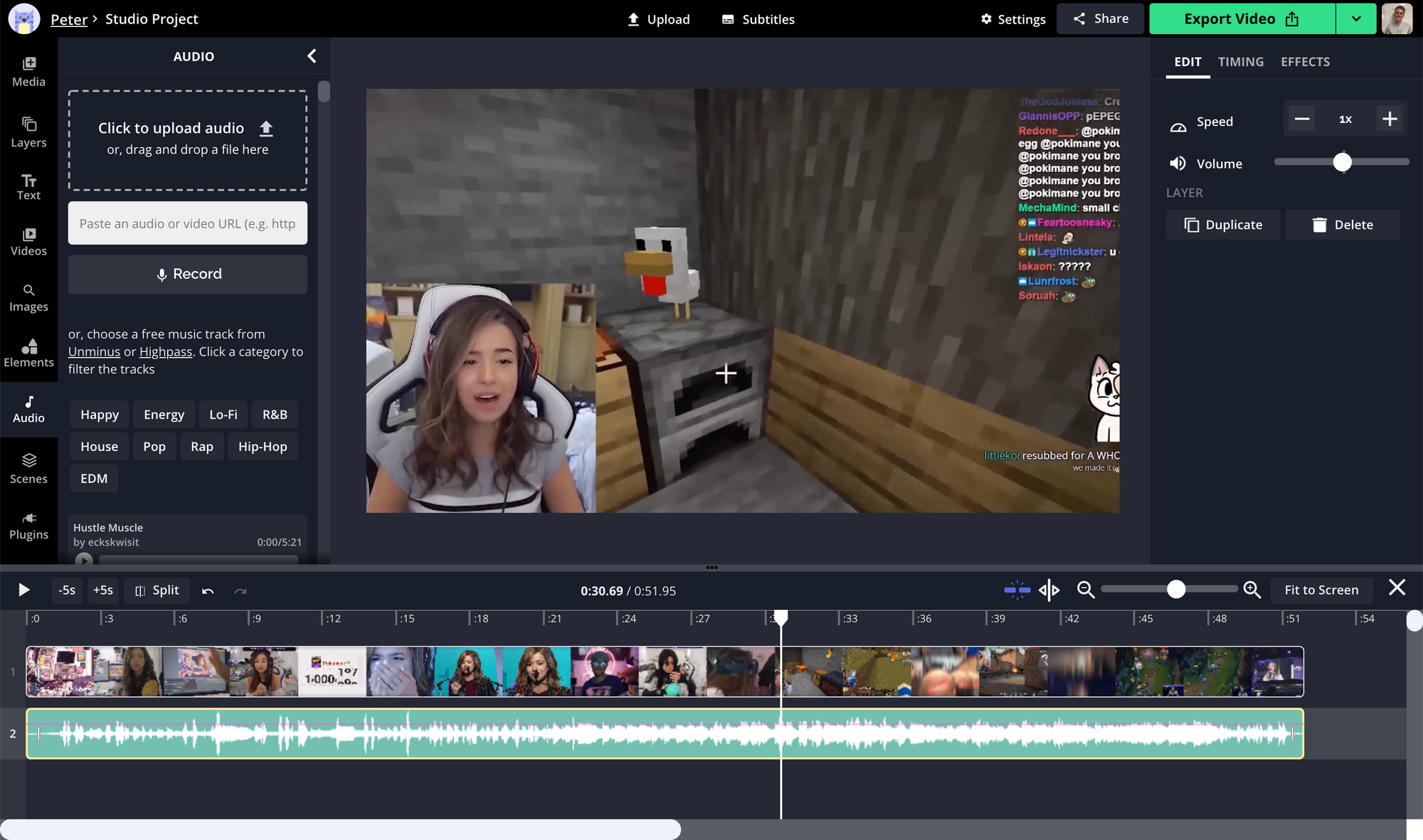 A screenshot of background music being added to a Twitch channel trailer in the Kapwing Studio. 