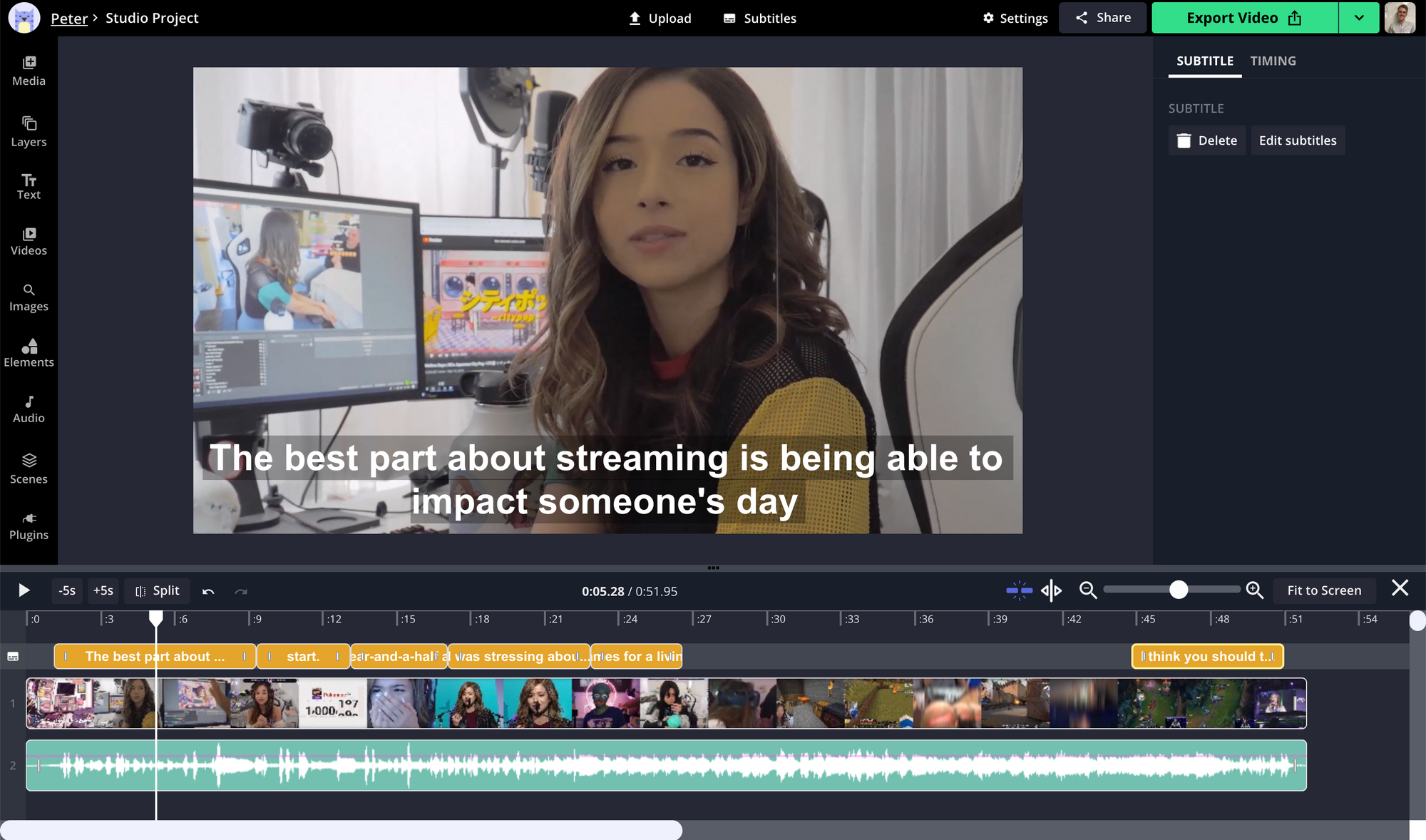 A screenshot fo Pokimane's channel trailer with subtitles added in the Kapwing Studio. 