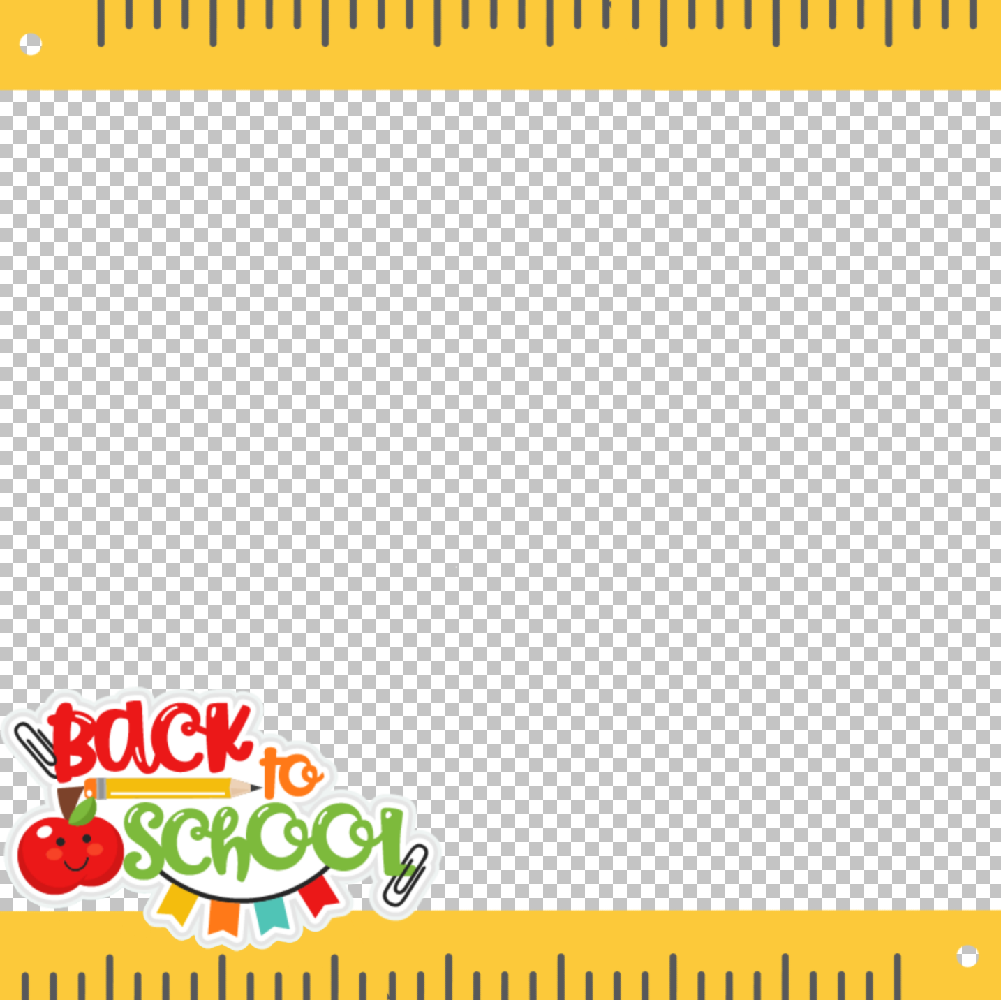 A square photo frame featuring a border made from rulers and a Back to School sticker. 