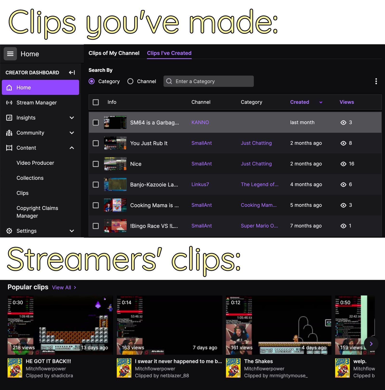 Screenshots showing two places to find Clips on Twitch. 