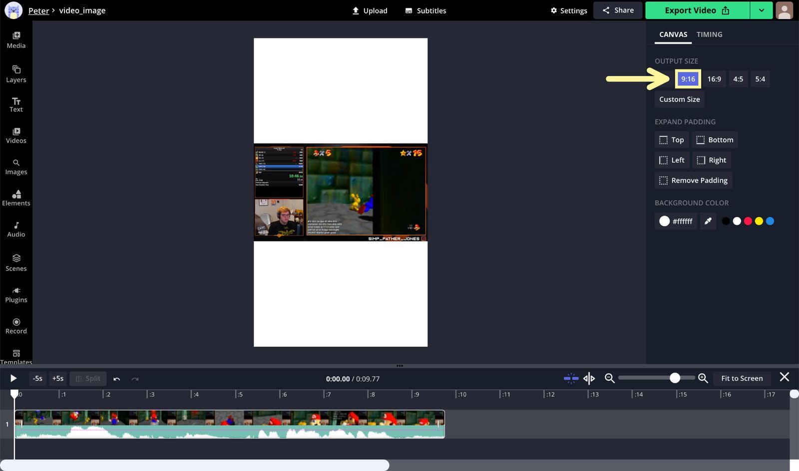 A screenshot showing how to resize a video to 9:16 in the Kapwing Studio. 