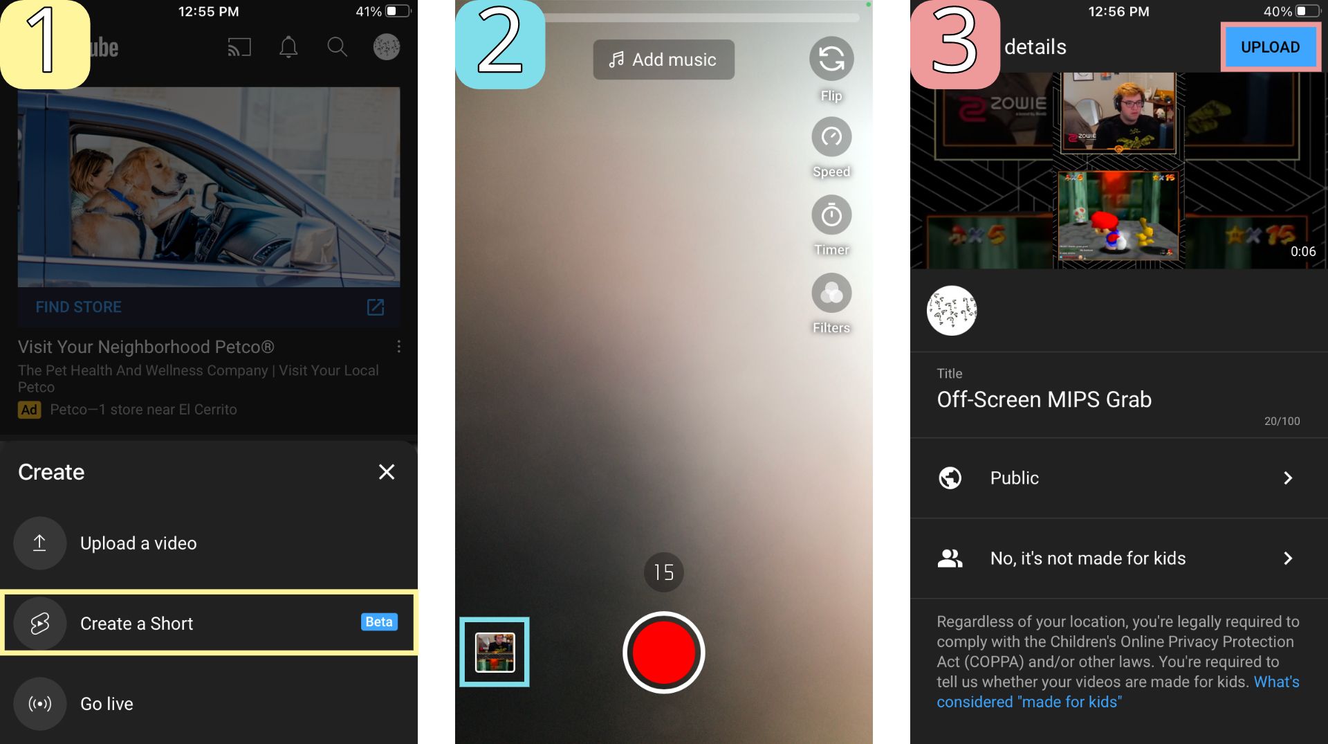 3 screenshots showing how to share videos as YouTube Shorts in the YouTube mobile app. 