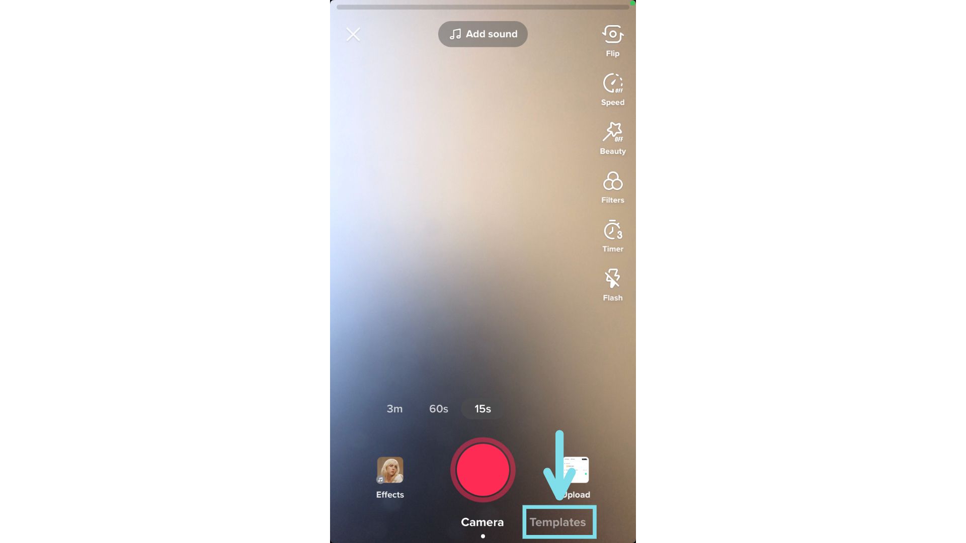 A screenshot pointing out the location of templates in TikTok. 