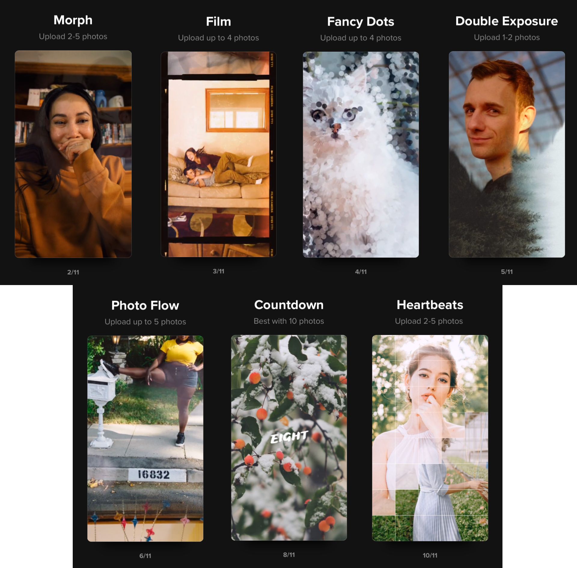 An array of all the TikTok templates that require photos with a 9:16 aspect ratio. 