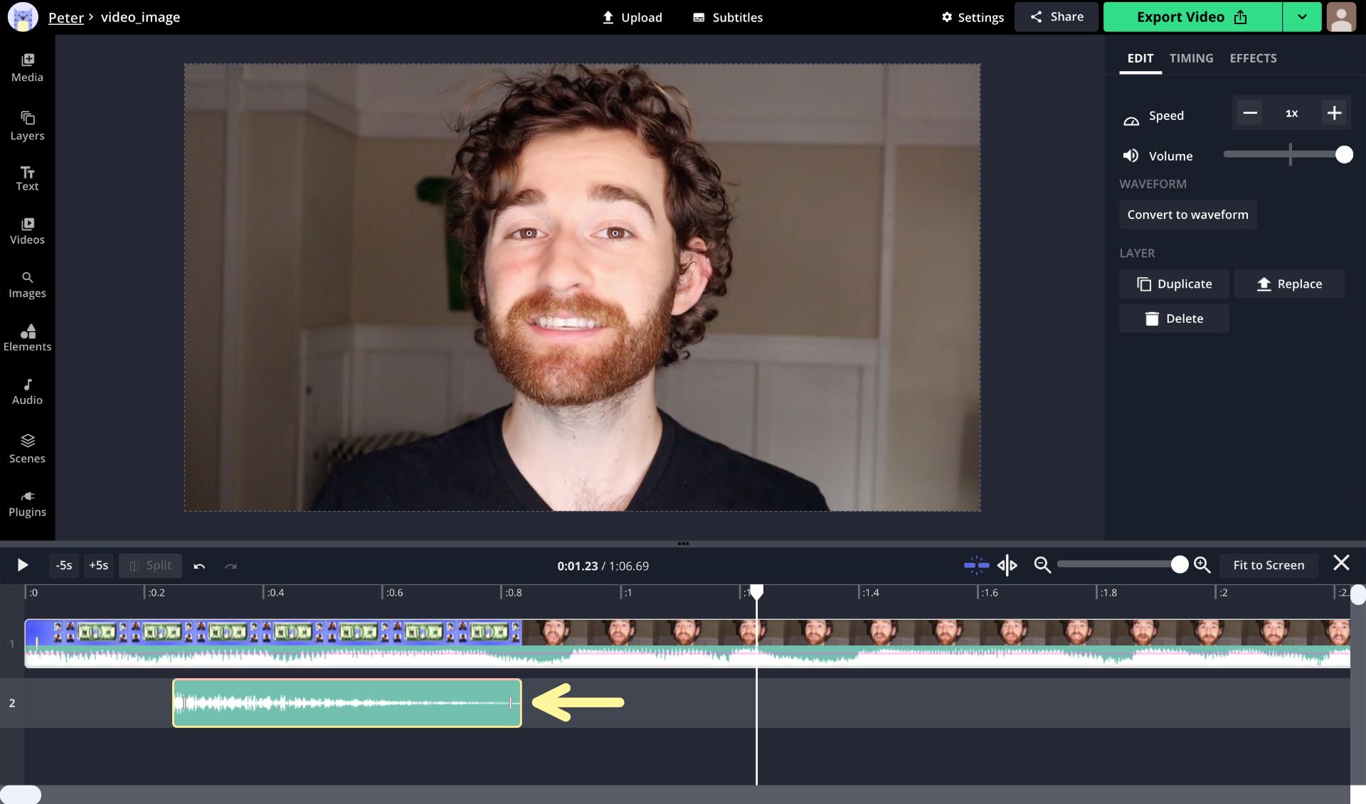 A screenshot showing how to add an audio watermark to a video in the Kapwing Studio. 