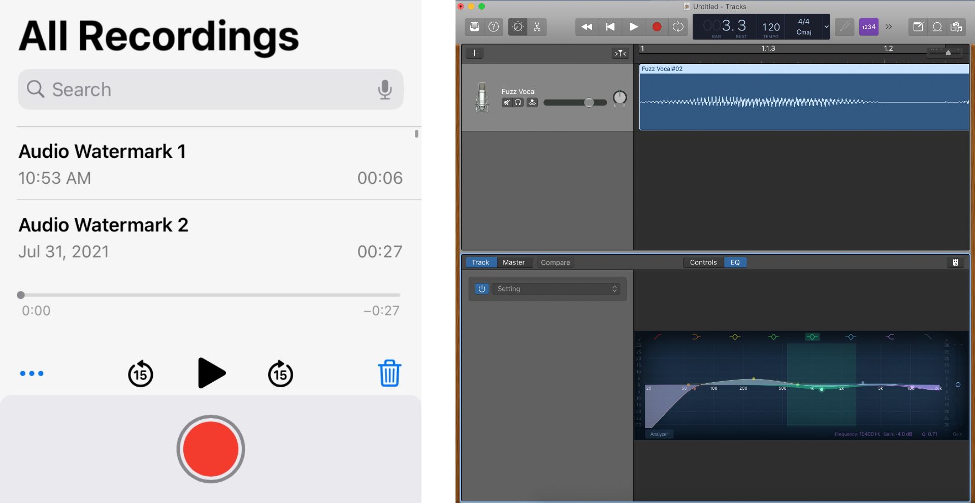 Screenshots showing recordings in Voice Memos and GarageBand. 