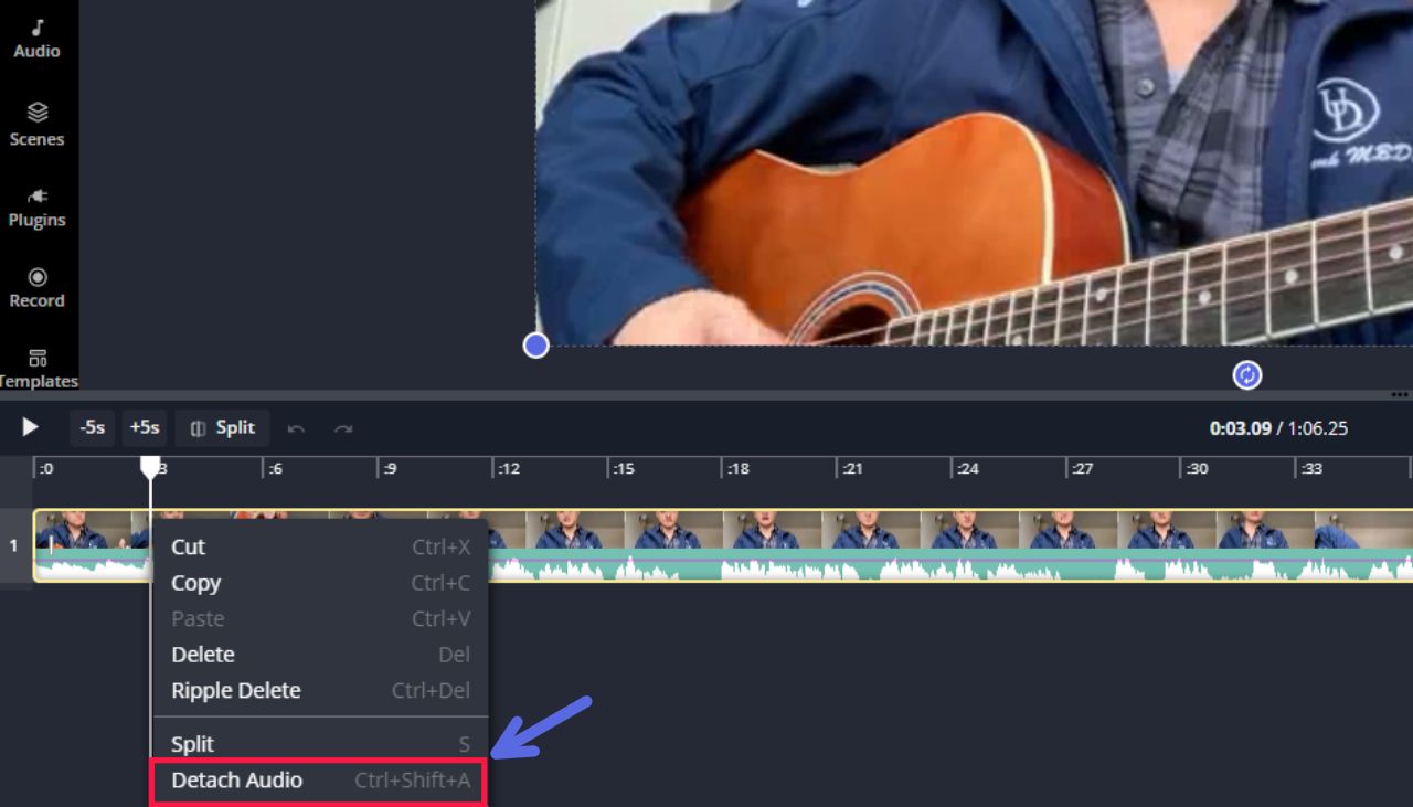 A screenshot showing how to Detach Audio in the Kapwing Studio