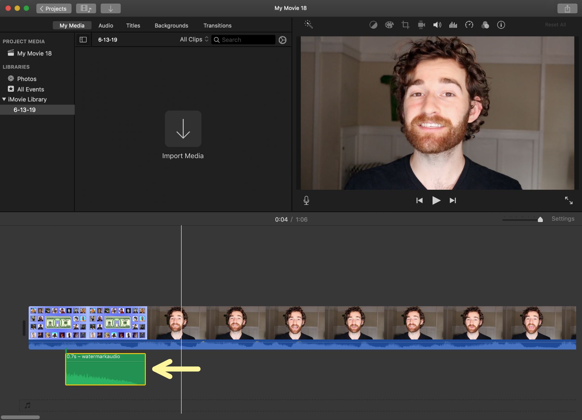 A screenshot showing how to add an audio watermark to a video in iMovie. 
