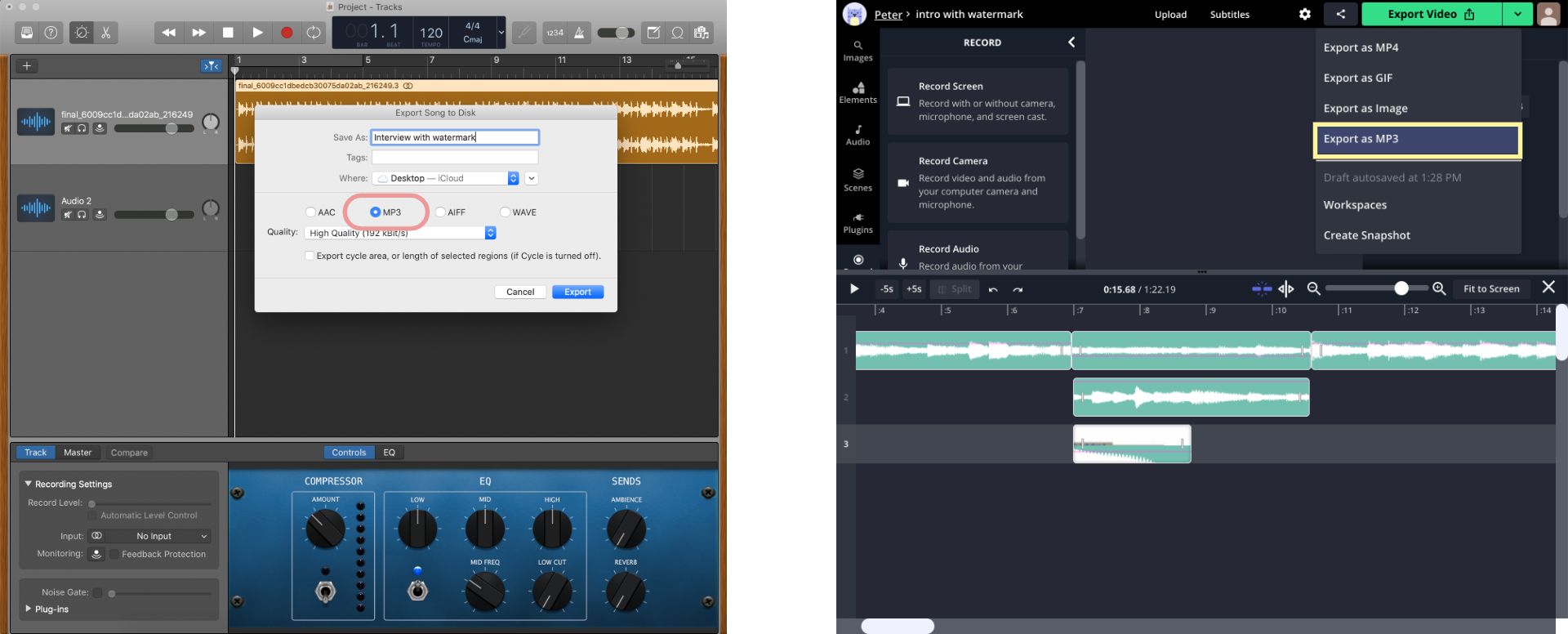 Screenshots from GarageBand and Kapwing, showing how to export MP3 files. 