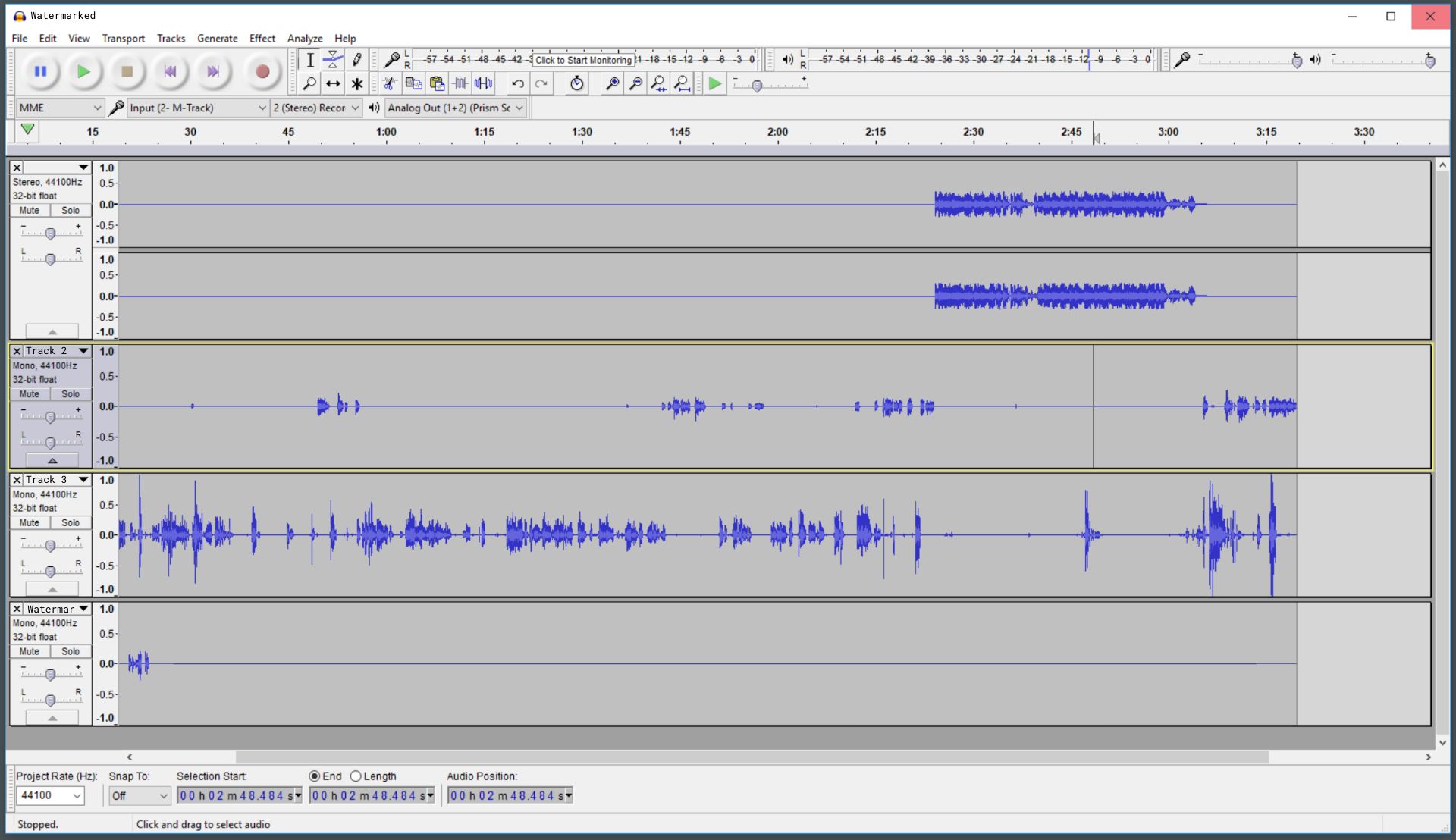A screenshot of a multi-track audio project being edited in Audacity. 