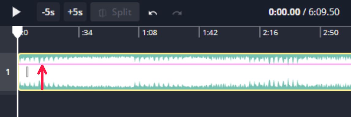 A screenshot showing how to increase the volume of an MP3 file using the purple line in the Kapwing Studio
