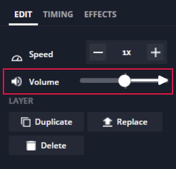 A screenshot showing how to increase the volume using the volume slider in the Kapwing Studio