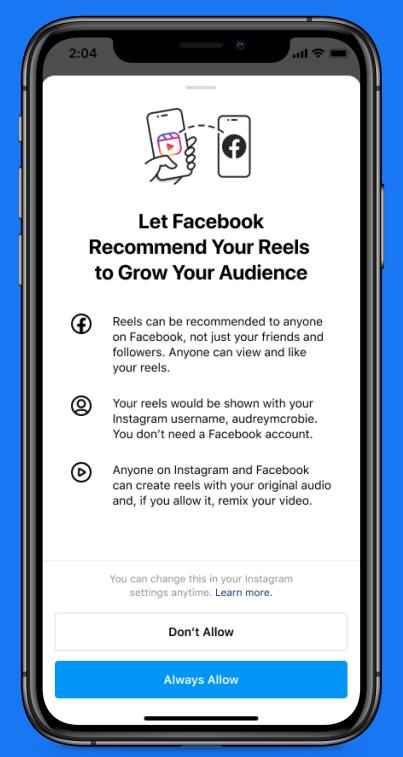 An image showing the privacy options for Facebook Reels