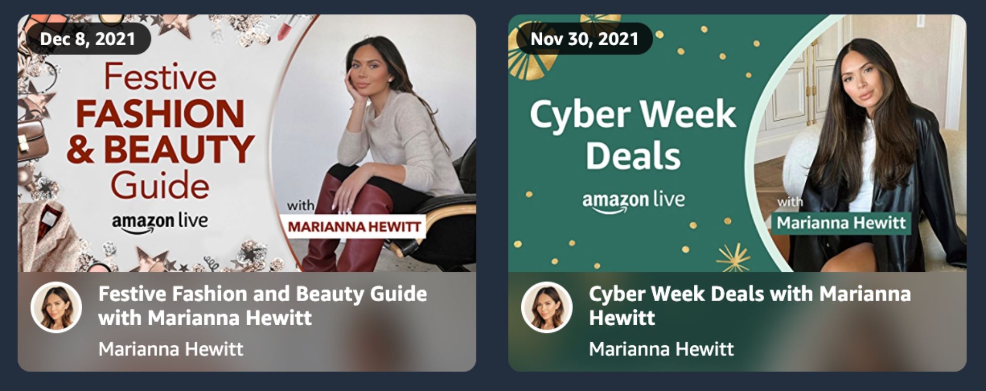 two thumbnails showing influencer, Marianna Hewitt, promoting fashion and beauty livestreams.