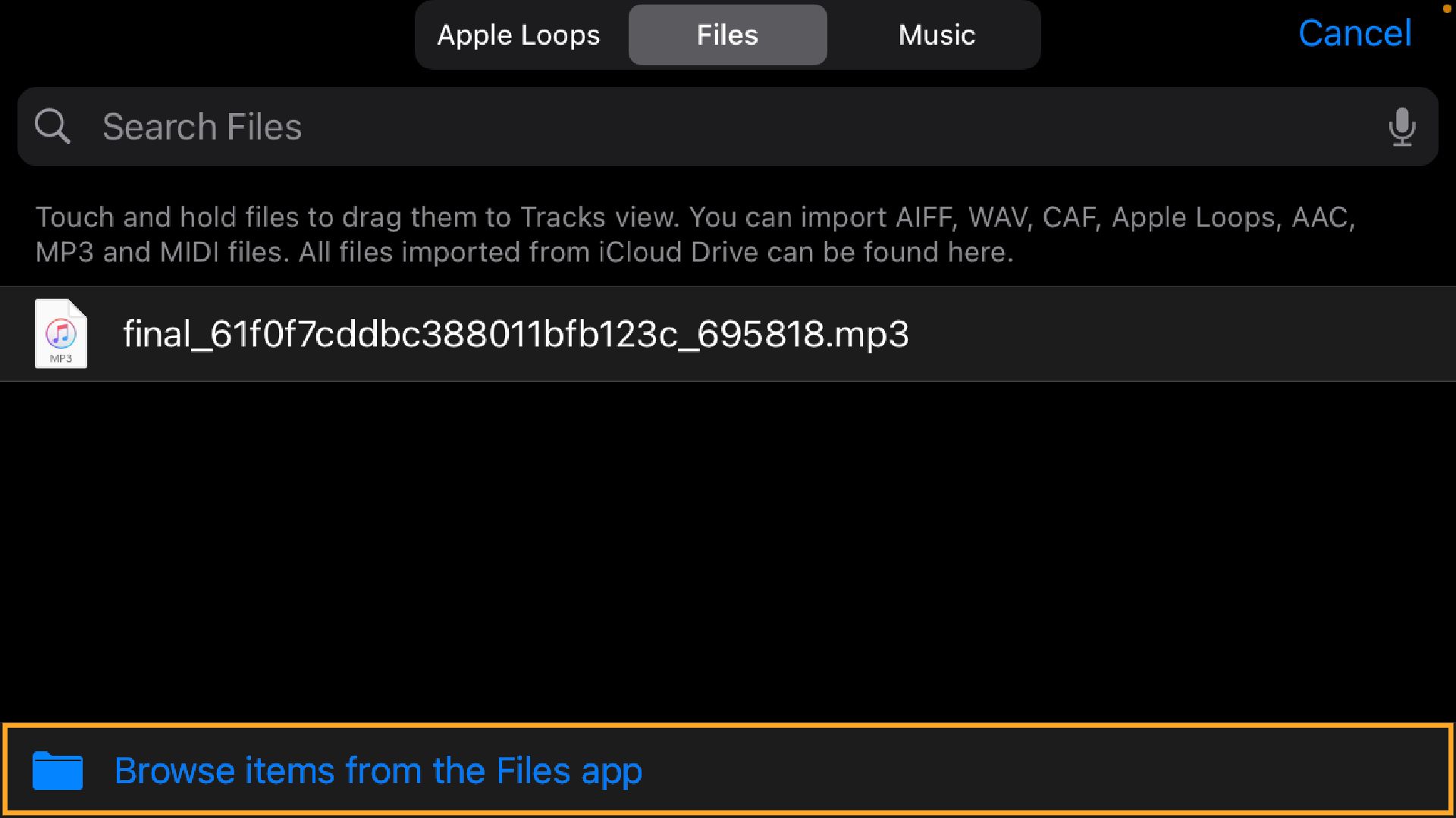 GarageBand app file menu with "Browse items from the files app" highlighted with a square annotation.