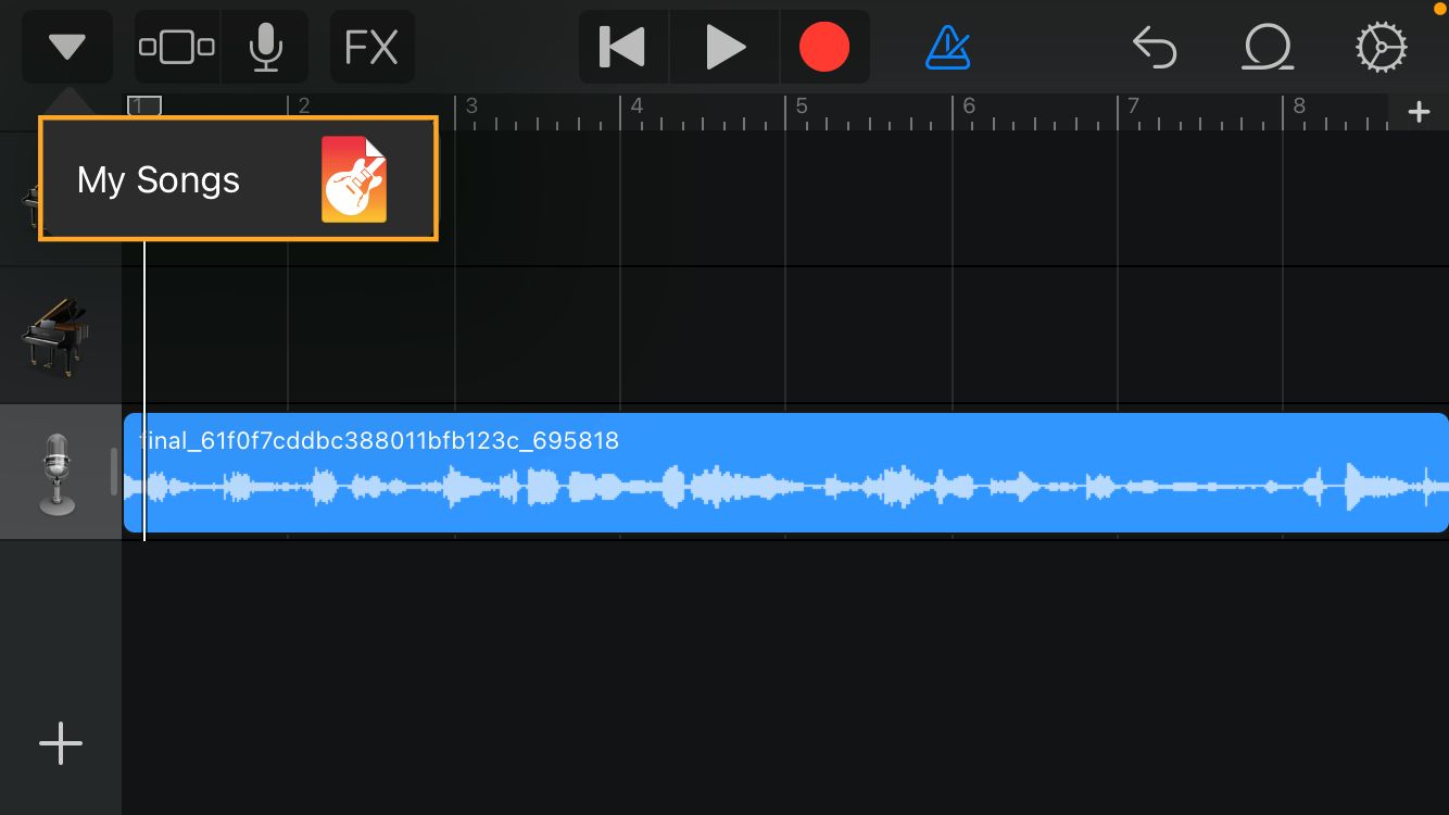 GarageBand user interface with "My Songs" highlighted with a rectangle outline in the top left corner.