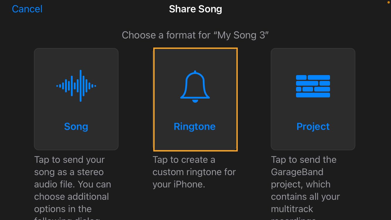 GarageBand app user interface with the "Ringtone" option highlighted.