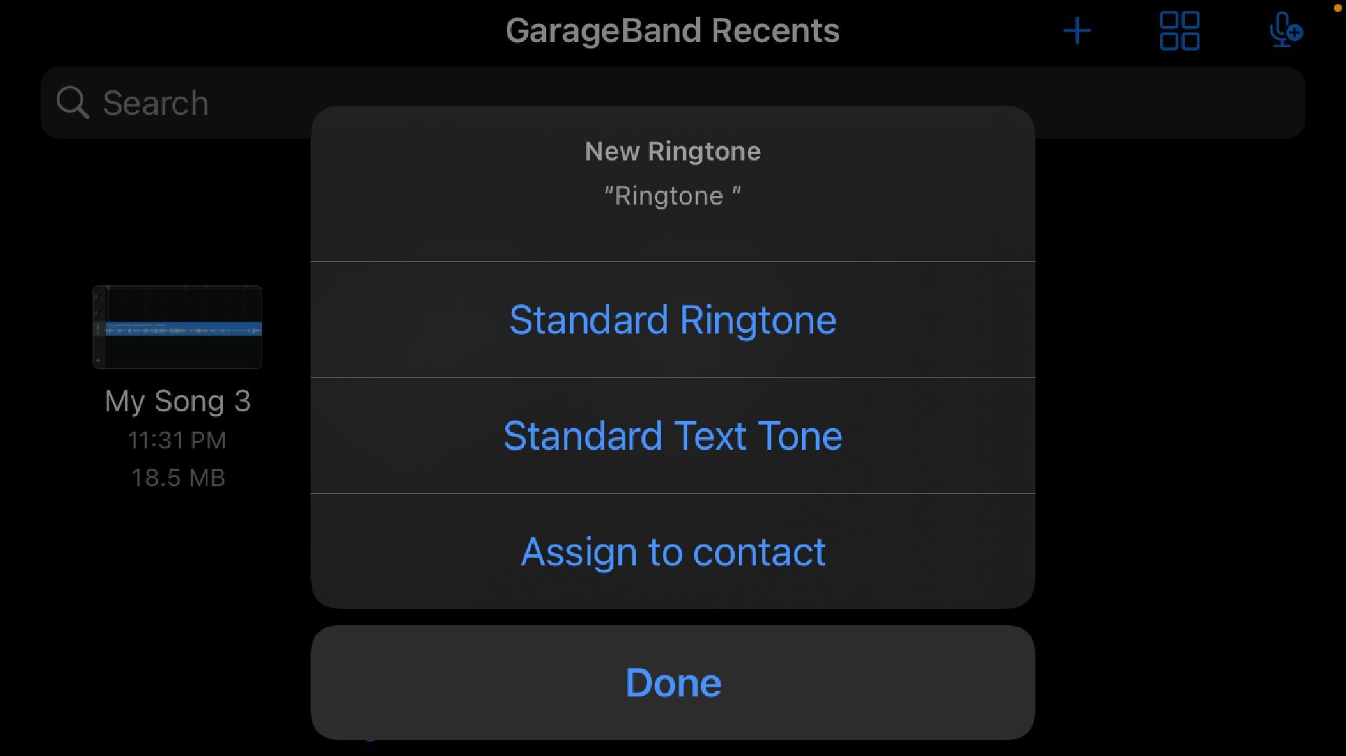 GarageBand app displaying a menu to set a ringtone.