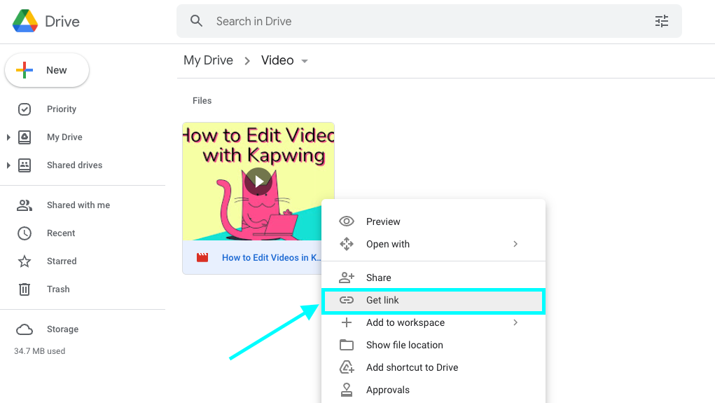 how to get a share link from Google Drive to upload a video to Kapwing