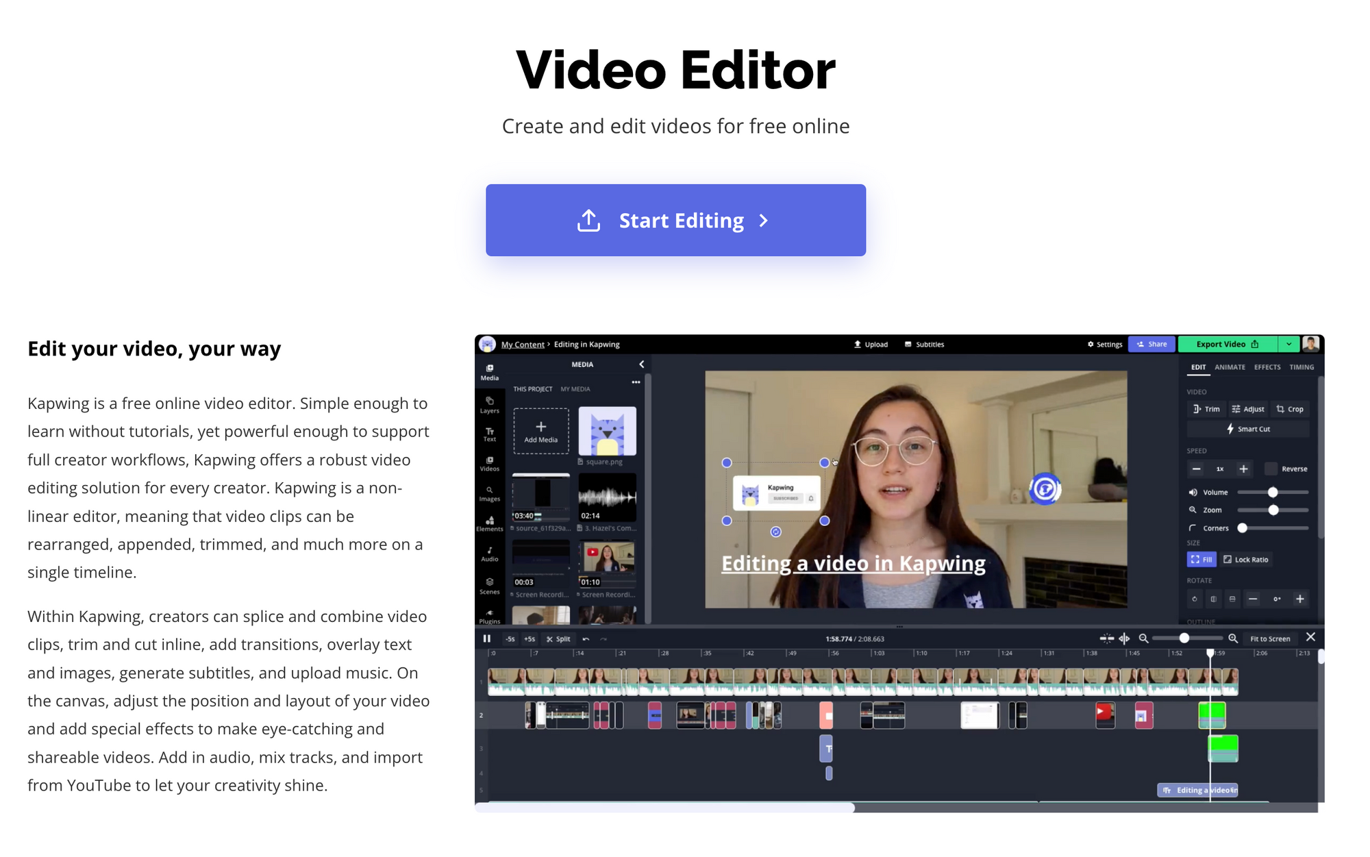 Kapwing Video Editor homepage