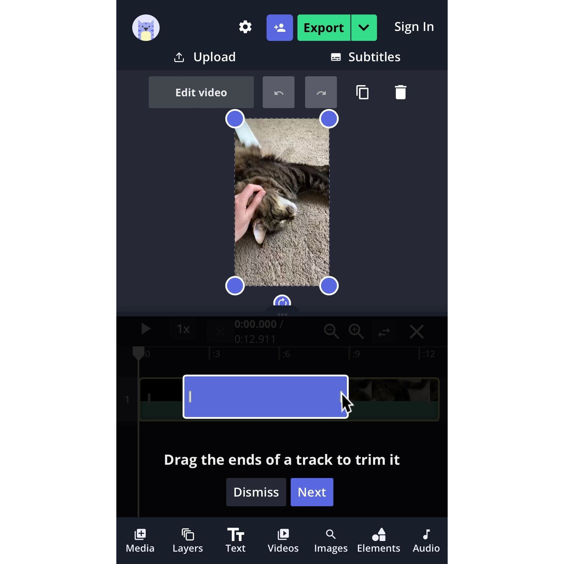 How to trim a video in the Kapwing Studio on Mobile