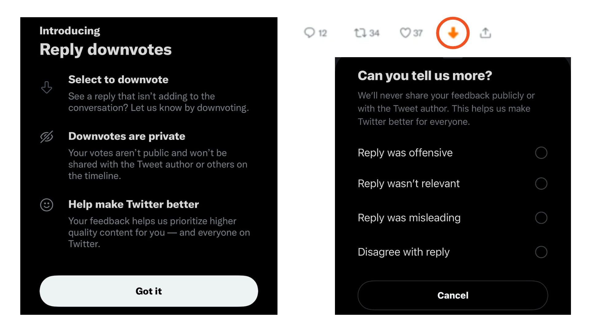 Twitter's notification when you get the downvote feature reads: Introducing reply downvotes. Select to downvote. See a reply that isn't adding to the conversation? Let us know by downvoting. Downvotes are private. Your votes aren't public and won't be shared with the Tweet author or others on the timeline. Help make Twitter better. Your feedback helps us prioritize higher quality content for you—and everyone on Twitter. On the right of this image is a screenshot of the survey that appears once you click downvote. It reads: Can you tell us more? We'll never share your feedback publicly or with the Tweet author. This helps us make Twitter better for everyone. 1: Reply was offensive. 2: Reply wasn't relevant. 3: Reply was misleading. 4: Disagree with reply. 