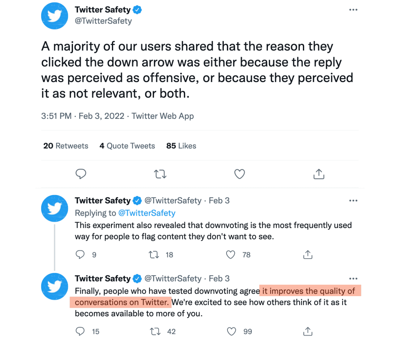 A TwitterSafety thread from February 3, 2022 reads: A majority of our users shared that the reason they clicked the down arrow was either because the reply was perceived as offensive, or because they perceived it as not relevant, or both. This experiment also revealed that downvoting is the most frequently used way for people to flag content they don't want to see. Finally, people who have tested downvoting agree it improves the quality of conversations on Twitter. We're excited to see how others think of it as it becomes available to more of you.
