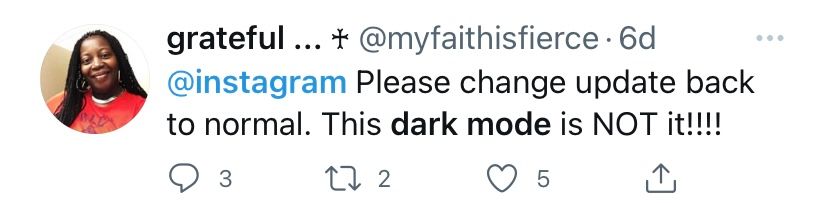 Tweet from Twitter user unhappy with Dark Mode