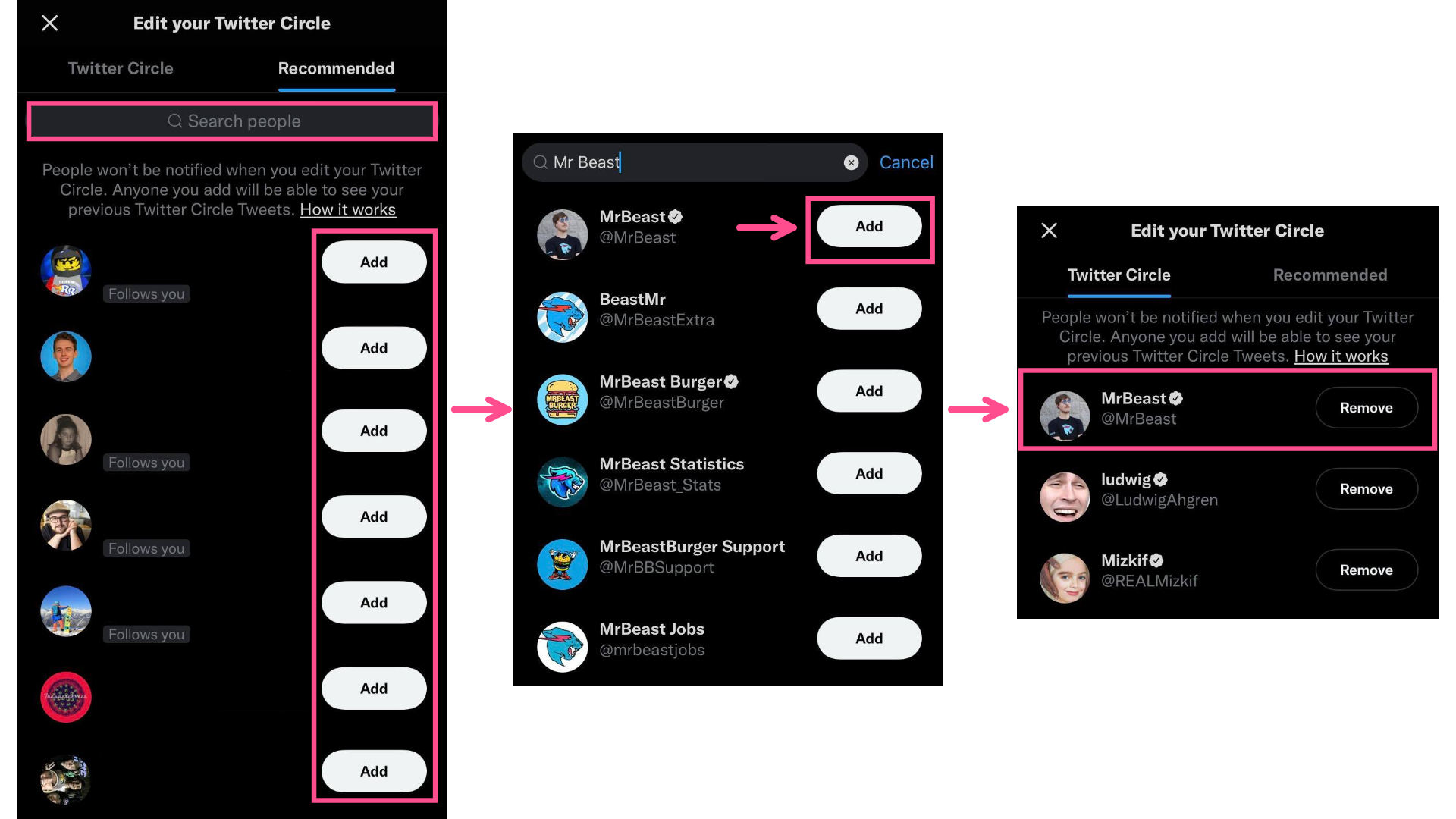 Screenshots showing how to add and remove users from your Twitter Circle