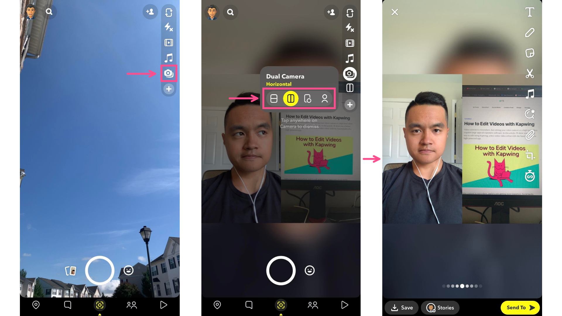 Screenshots showing how to access the Dual Camera feature on Snapchat via the Camera screen