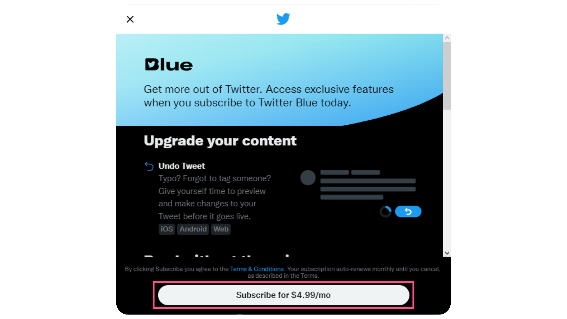 A screenshot showing the option to Subscribe to Twitter Blue