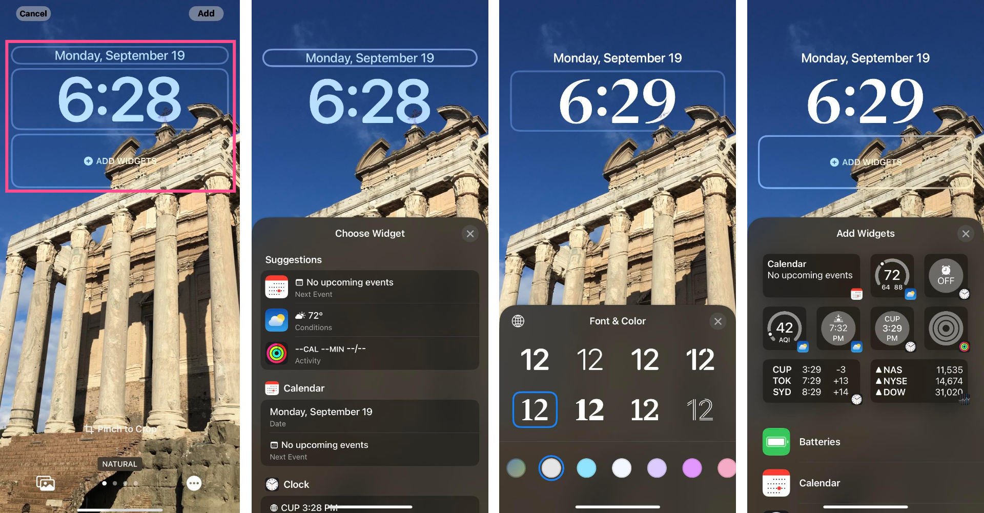 Screenshots showing the different ways to customize date/time and widgets on a lock screen