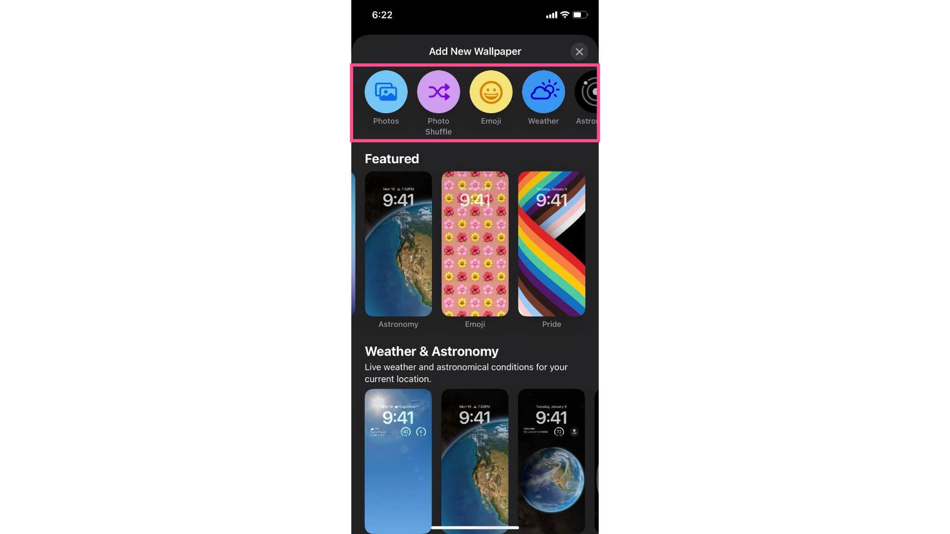A screenshot showing the different layouts and premade wallpaper designs in iOS 16