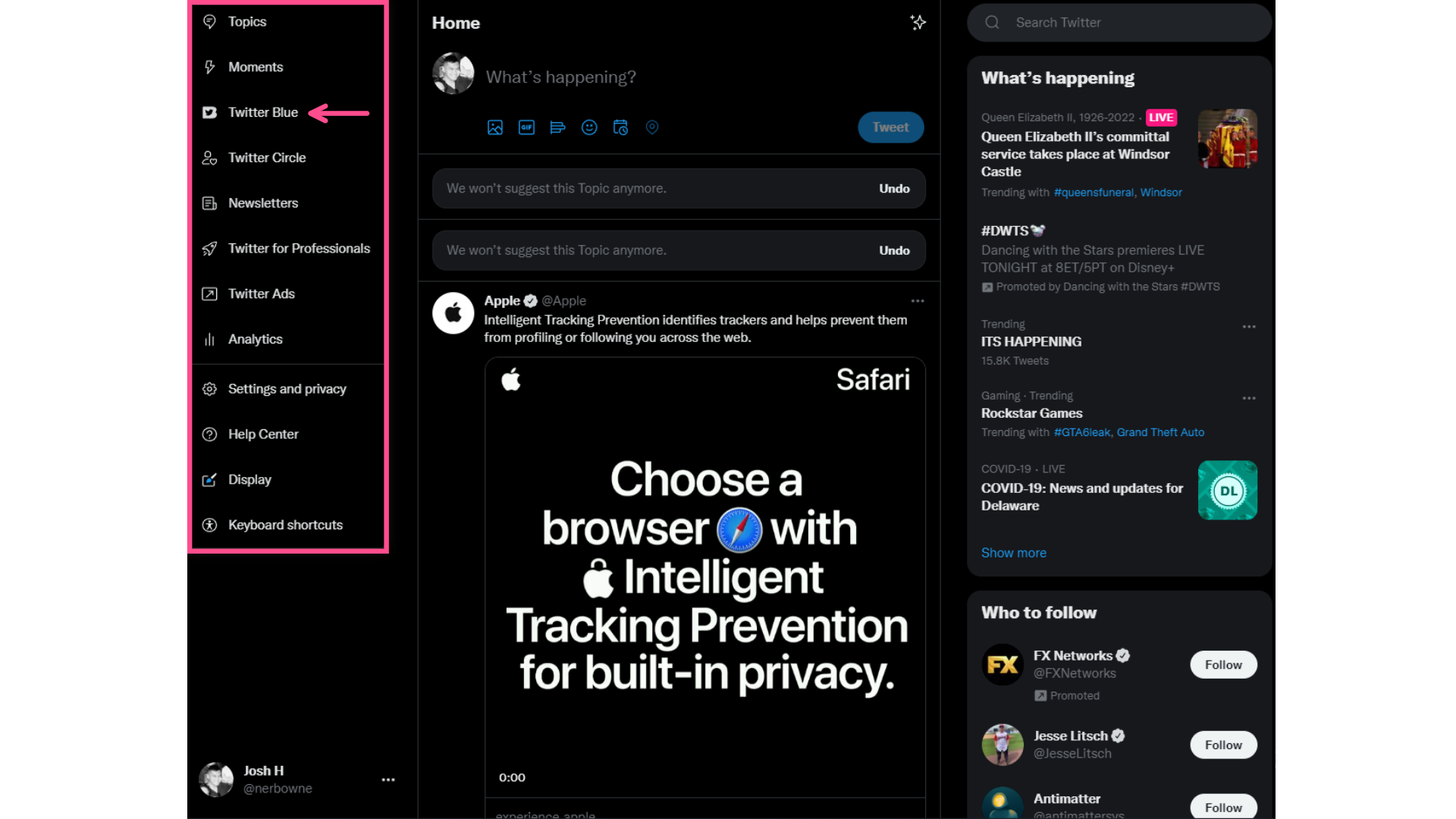 A screenshot showing the Twitter side panel on desktop